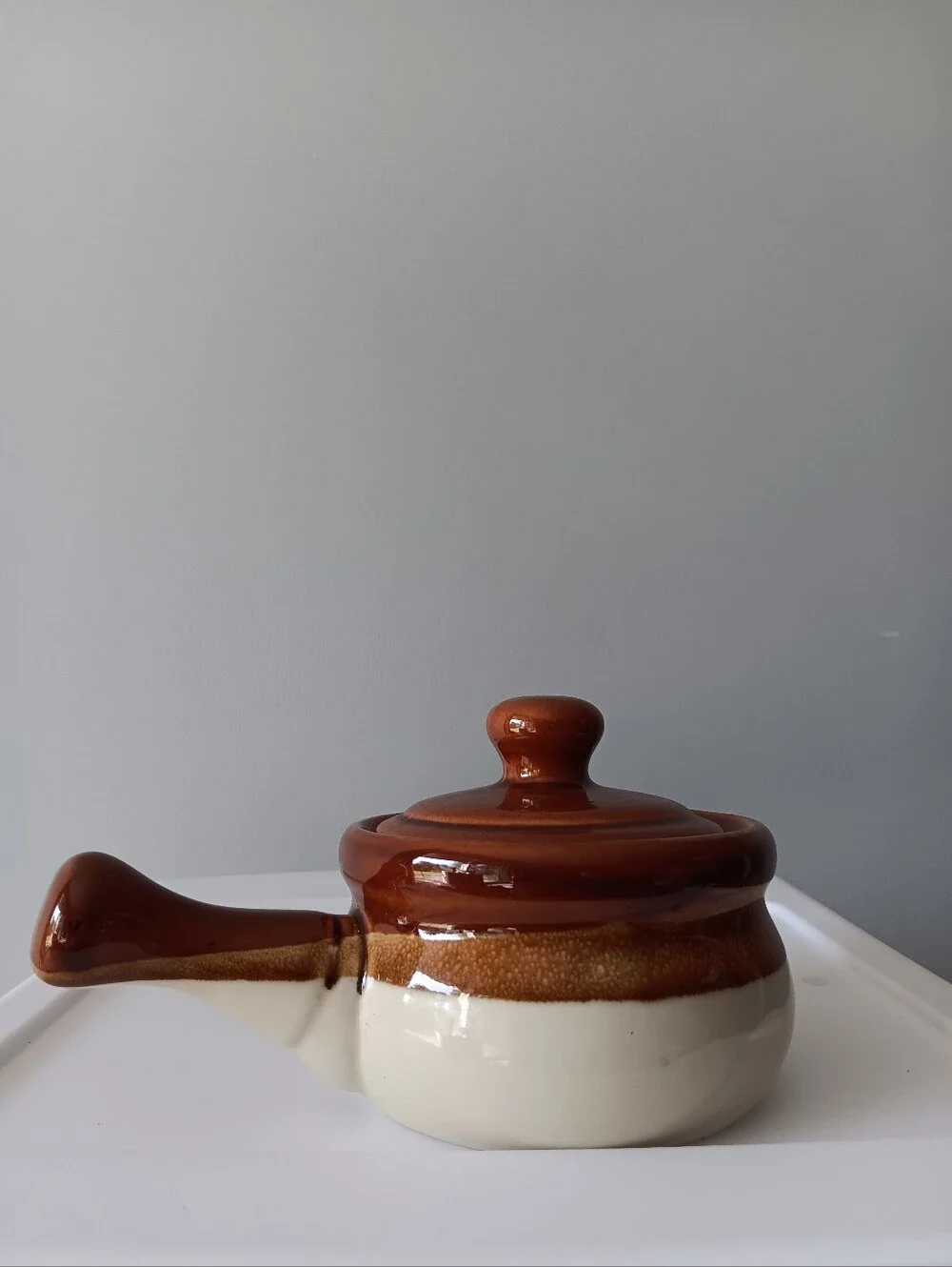 Vintage Handled Ceramic Crock French Onion Soup Bowl & Lid Made in Japan Brown